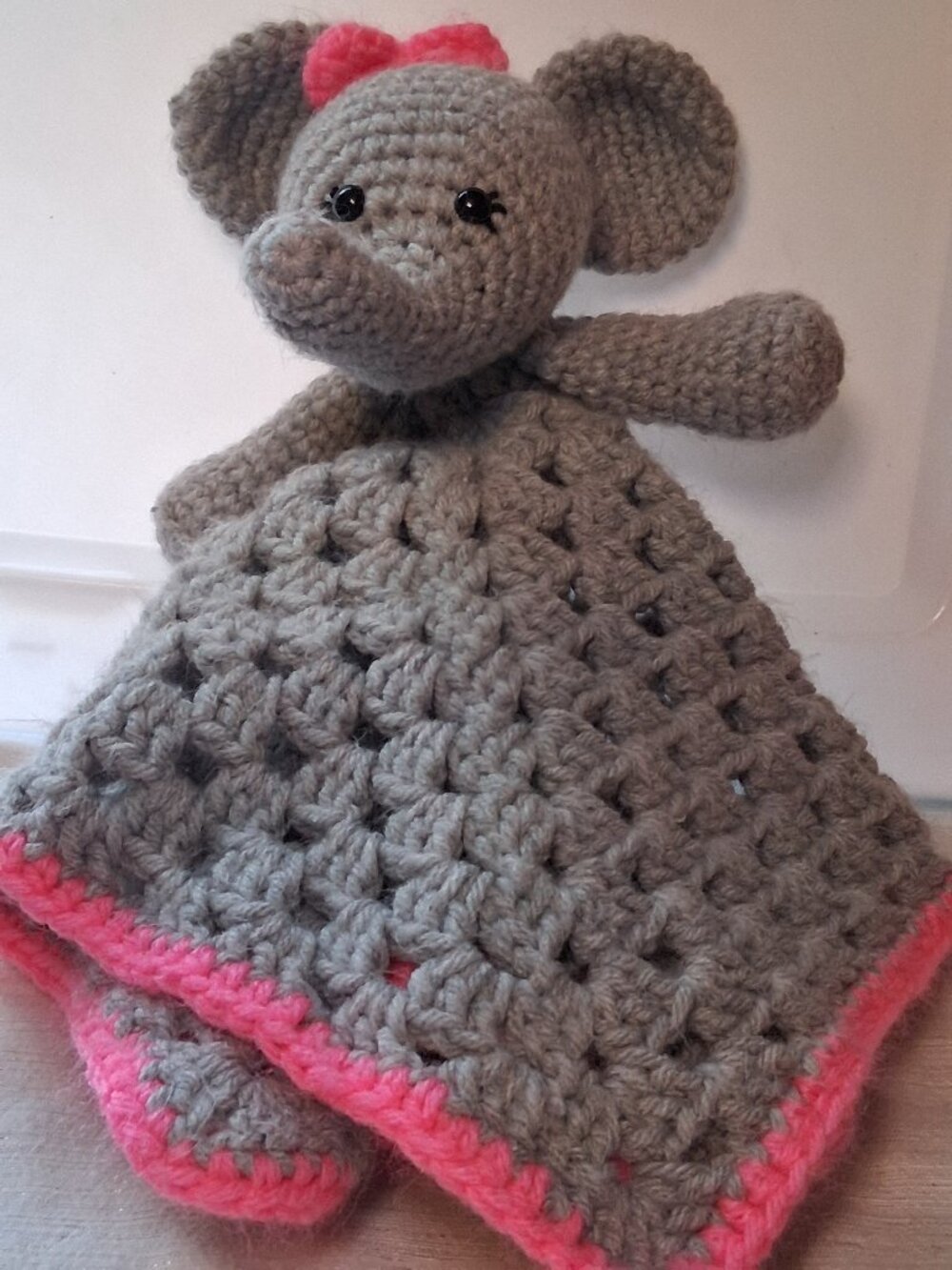 Handmade Crochet Lovey Blanket soft Toy Elephant Head Gray pink Baby Girl